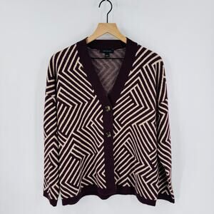 Ann Taylor Geo Stripe Cardigan L Modern Statement Button Front Sweater